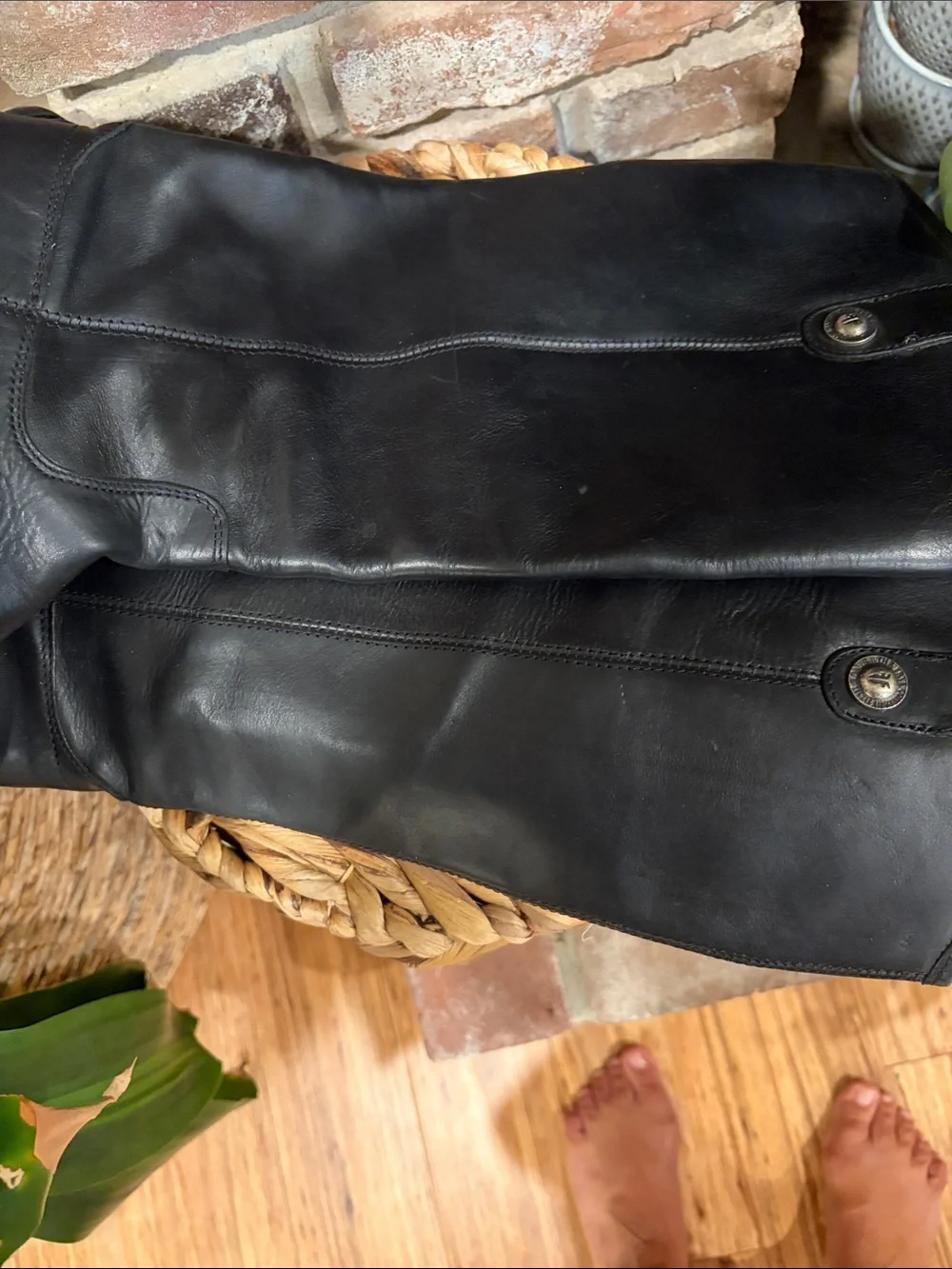 Frye Black Leather Knee-High Riding Boots with Button Accent